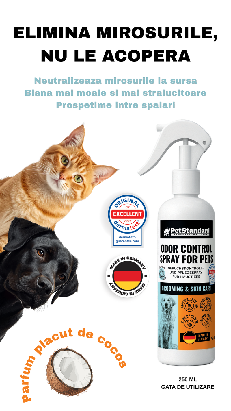 Spray Eliminare Mirosuri pentru Caini si Pisici PetStandard Odor Control 250 ml, cu Probiotice, Vitamine si Ulei de Cocos