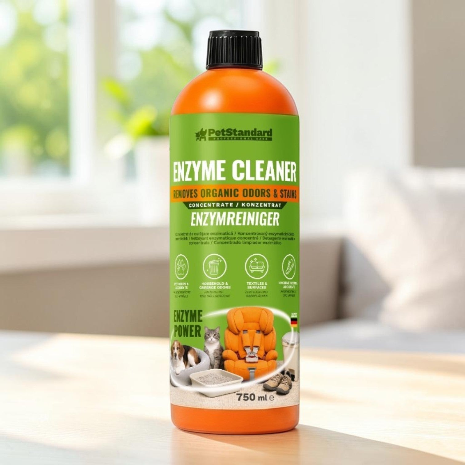 Solutie Profesionala Enzimatica Concentrata pentru Eliminarea Mirosurilor si Petelor PetStandard, 750 ml, Curatare Urina, Voma, Litiera, Textile si Suprafete