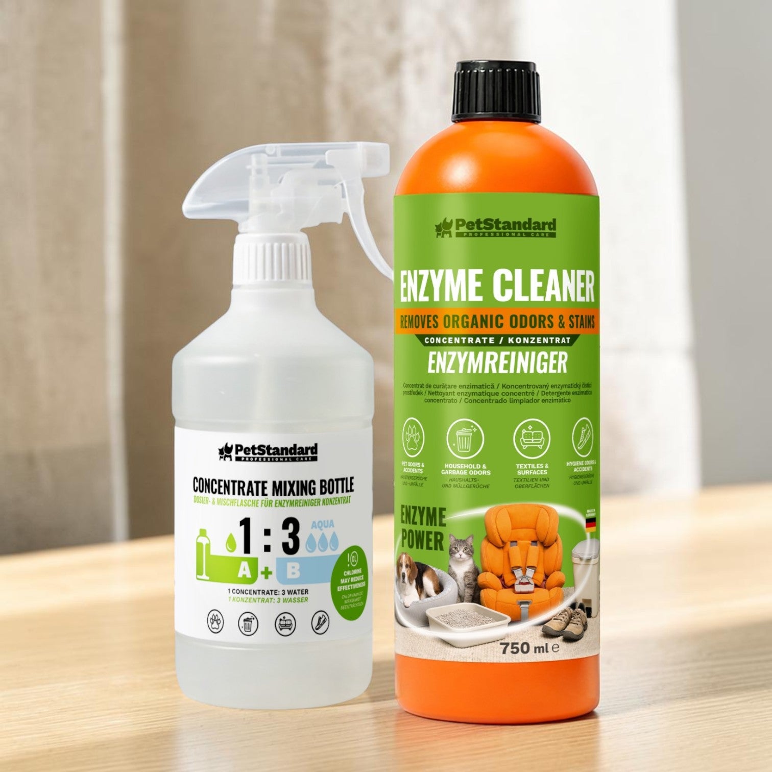 Solutie Profesionala Enzimatica Concentrata pentru Eliminarea Mirosurilor si Petelor PetStandard, 750 ml, Curatare Urina, Voma, Litiera, Textile si Suprafete